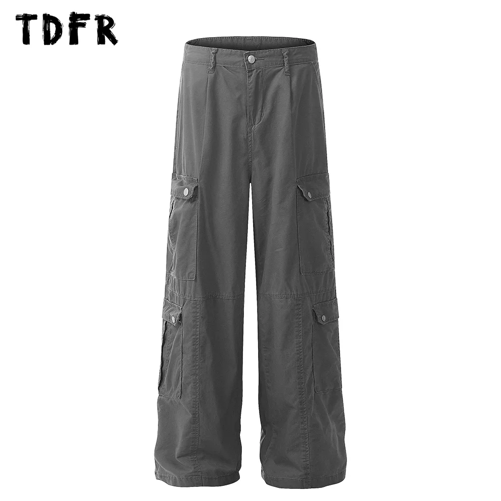 Multi-Pocket Cargo Pants Mens Safari Style Casual Loose Straight Wide leg Solid Color Trousers Men