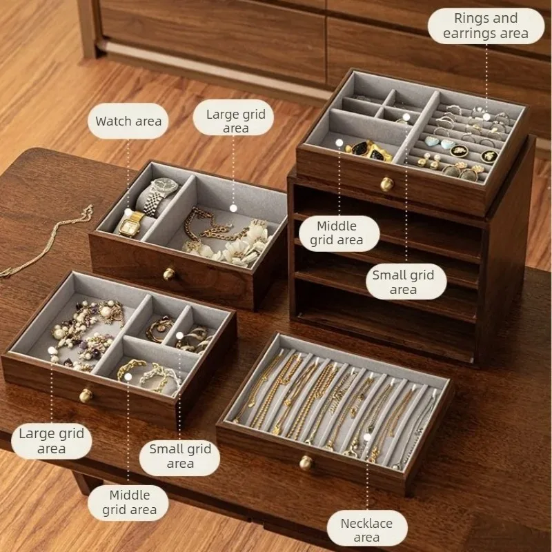 Wooden Jewelry Box 4-layer Necklace Bracelet Storage Box Desktop Large Capacity Ring Earring Boxes Women Jewelry Organizer Case