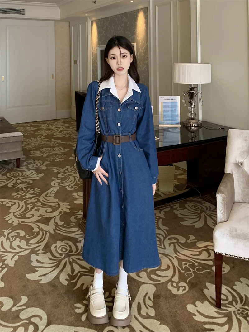 Lapel Fake Two-Piece Denim Dress Elegant Long Sleeve Single Breasted Women A-Line Maxi Dress Spring Fashion Office Lady Vestido