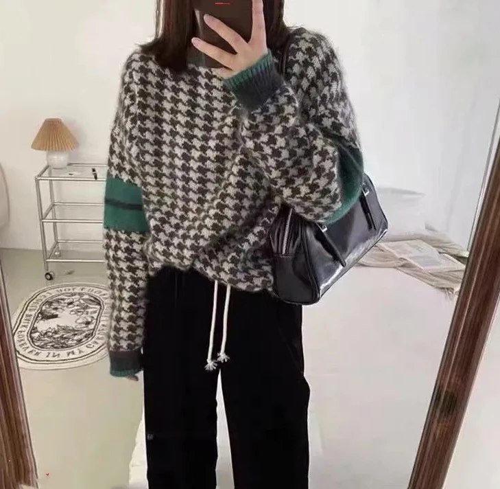 

Lazy Style Bear Fur Plaid Sweater Loose Fit Autumn Winter Polo Collar Long Sleeve