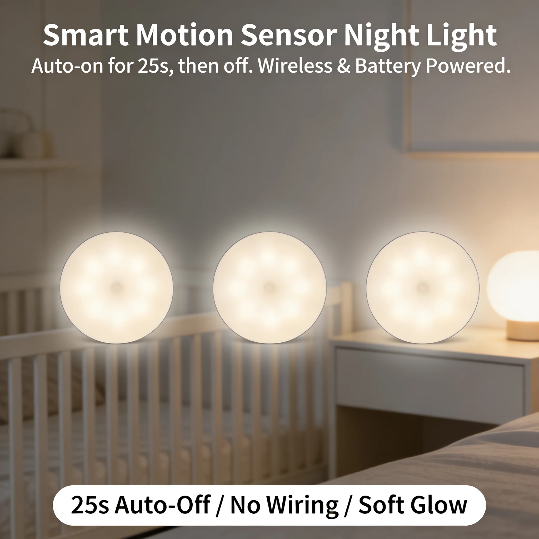 

Smart Motion Sensor Night Light Wireless Battery Powered 25s Auto-Off Soft Glow Stick-On Led Night Light For Bedroom
