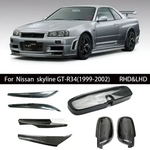 For Nissan Skyline R34 GTR real carbon fiber car accesorries Lamp eyebrow&mirror housing&front bumper wind knife for 2009-2002