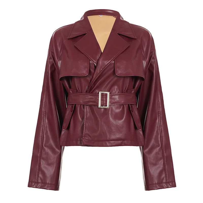 Women Faux Pu Leather Coats Solid Jacket Lace Up Turn Down Collar Long Sleeve Waist Cinched Coverd Button Streetwear 2025 Autumn