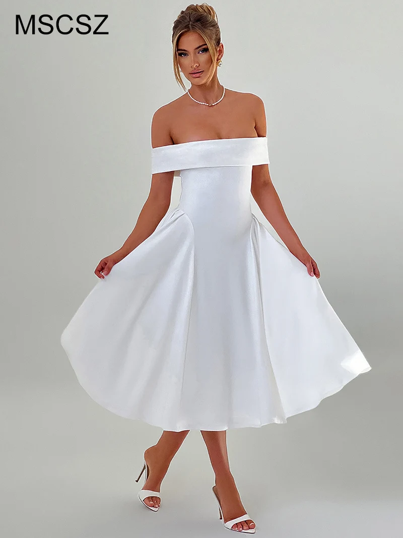 

MSCSZ White Black Off Shoulder Gown Evening Dress For Women Slash Neck Backless High Waist Flared Pleated Long Dress