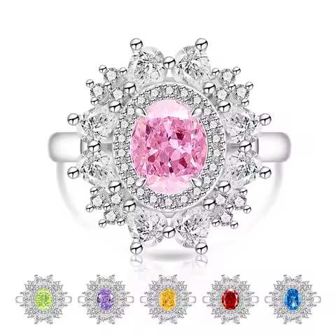Light Luxury Gorgeous 925 Sterling Silver Ice Flower Cut High Carbon Diamond Pigeon Egg Flower Ring Ladies Jewelry