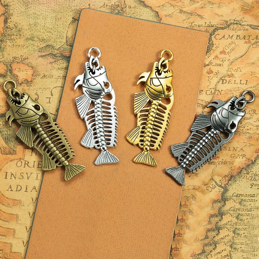 2Pcs/Lot  70x23mm 3 Color 3D Fishbone Charms Fish Pendant Fit DIY Handmade Metal Punk Jewelry Making Finding Supplies