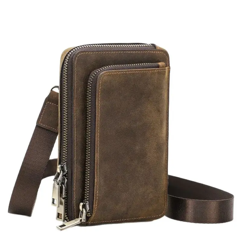 Vintage Men's Phone Bag Multifunctional Top Layer Cowhide Vertical Square Single Shoulder Crossbody Bag