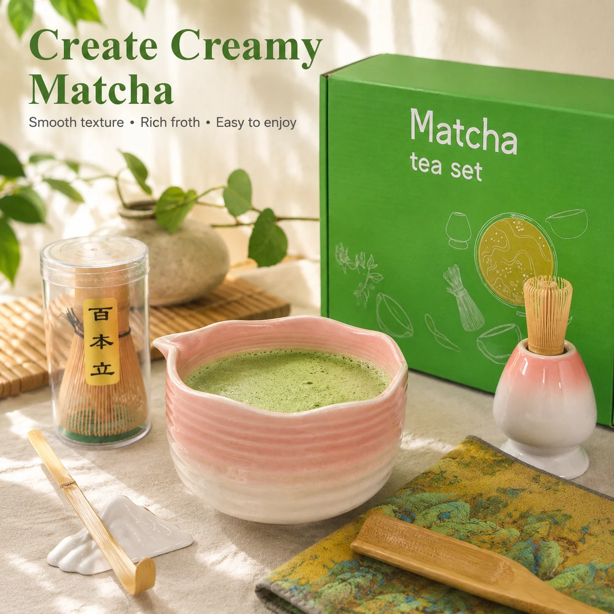 Set da 8 pezzi per tè matcha in tonalità rosa sfumate con ciotola in ceramica ondulata, scovolino in bambù, supporto per scovolino, setaccio e cucchiai per matcha, set completo di accessori per matcha
