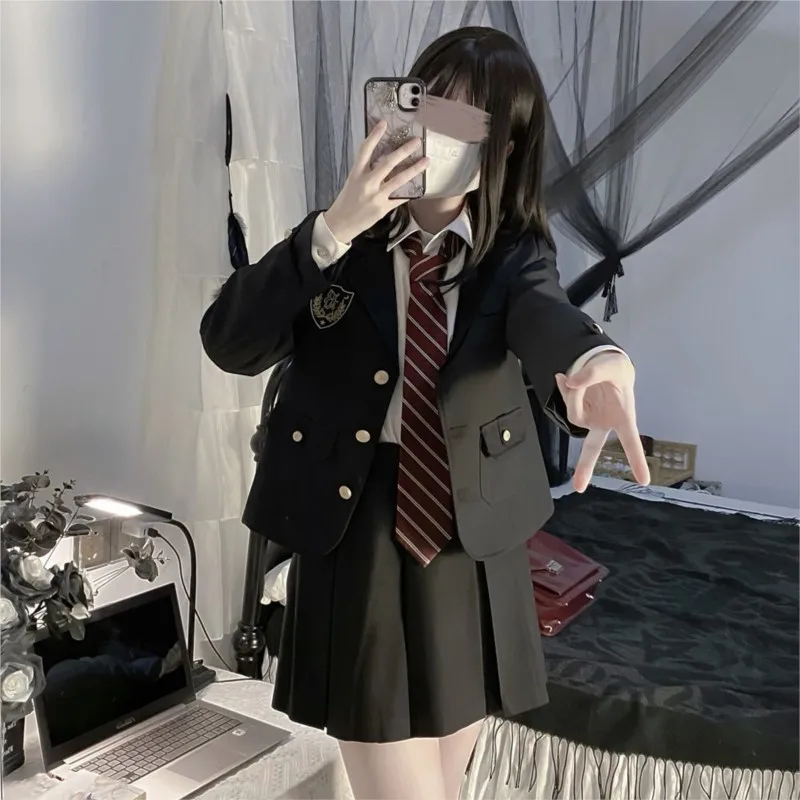 Japanese School Uniform JK Suit Girls Long Blazer Skirt White Shirt Three-piece Women Black Spring Autumn Suit Sailor Suit