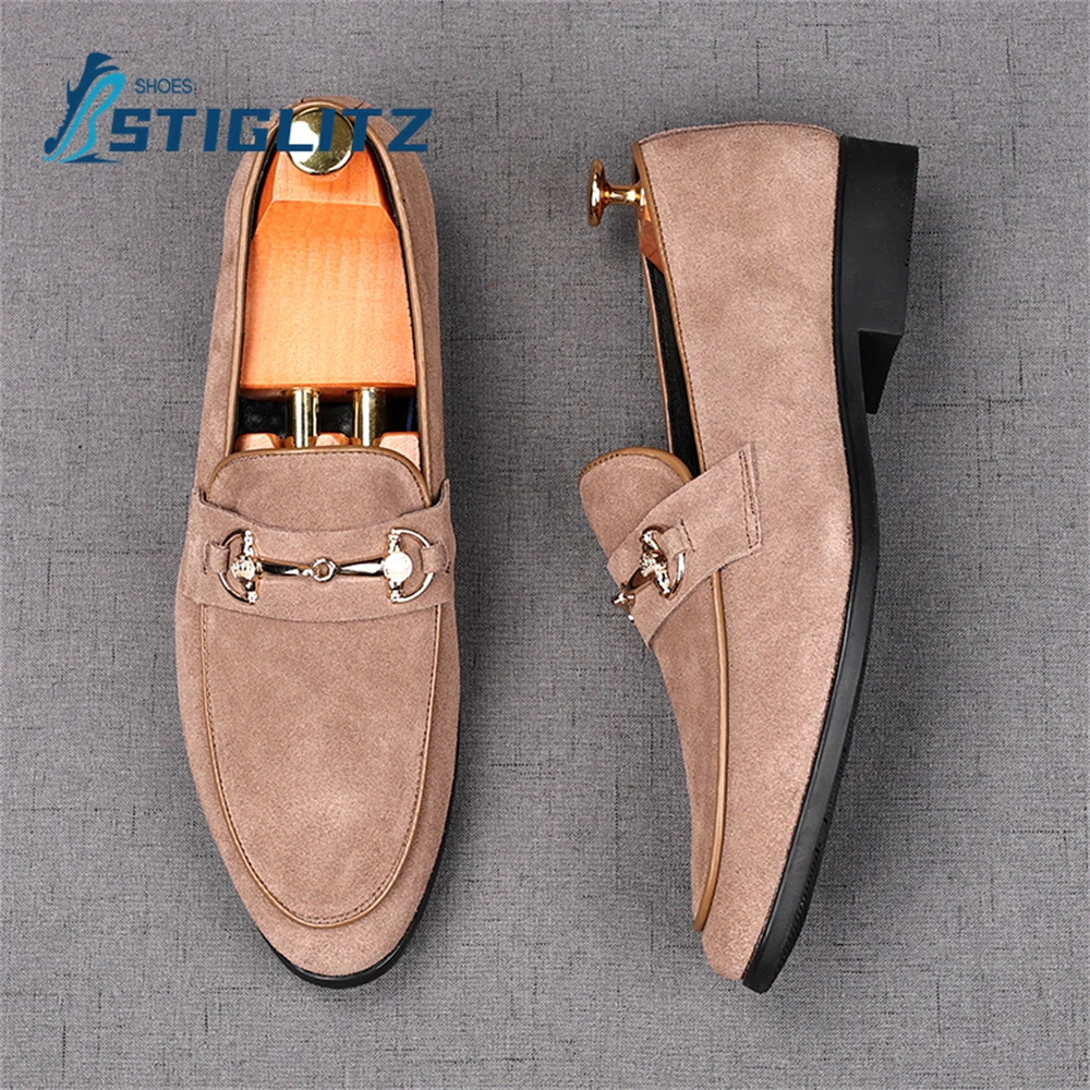 Solid Suede Horsebit Mules Round Toe Shallow Loafers Concise Flat Casual Shoes for Men Slip On Inner Heightening Dress Shoes New