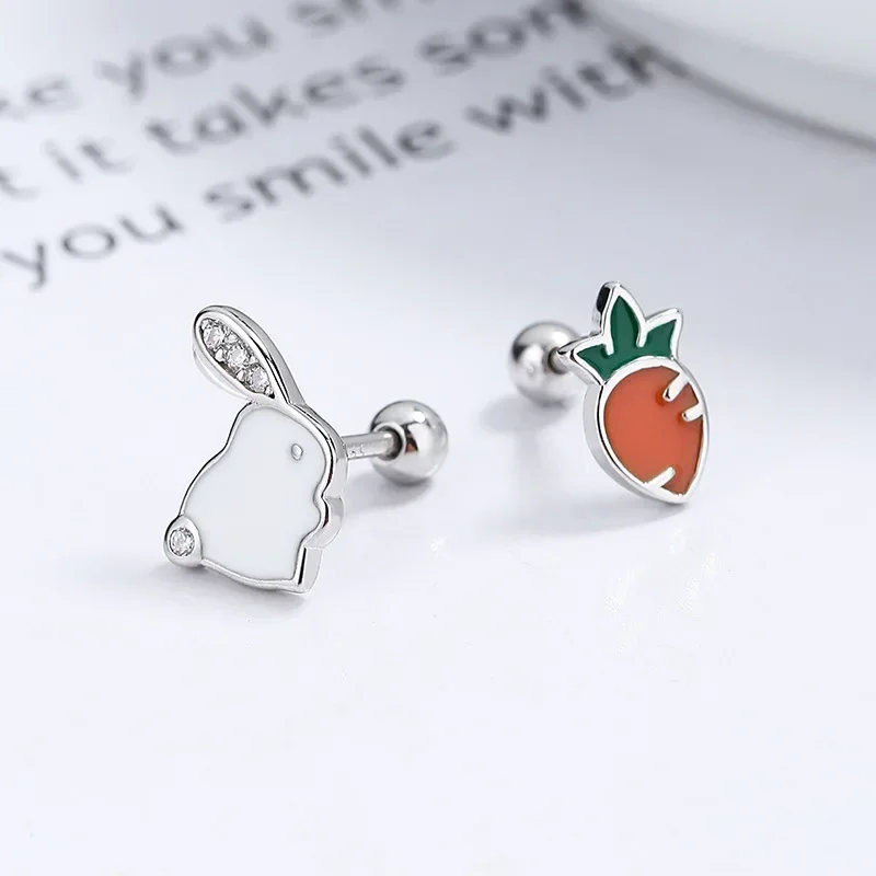 S925 Sterling Silver Cute Crystal Rabbit Carrot Thread Stud Earrings For Women Kids Studant Party Jewelry Gift Female Pendientes