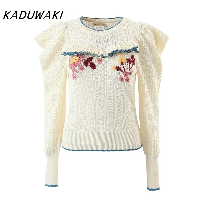 KADUWAKI Fashion Sweet Round Neck Long Sleeve Hand-decorated Wooden Ear Hem Sweaters Casual Fall Cute Versatile Campus Pullovers