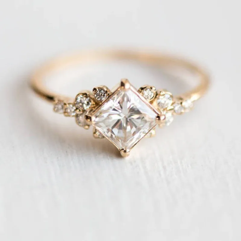 Huajie Gold/Silver Tone Square Cut Clear Zirconia Halo Split Shank Rings for Women Wedding Chic Dazzling Ring Jewelry