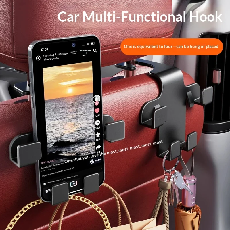 Car Seat Back Hook, 2 in 1 Car Headrest Hook with Phone Holder, Universal Auto Back Seat Storage Hanger for Bags Umbrella