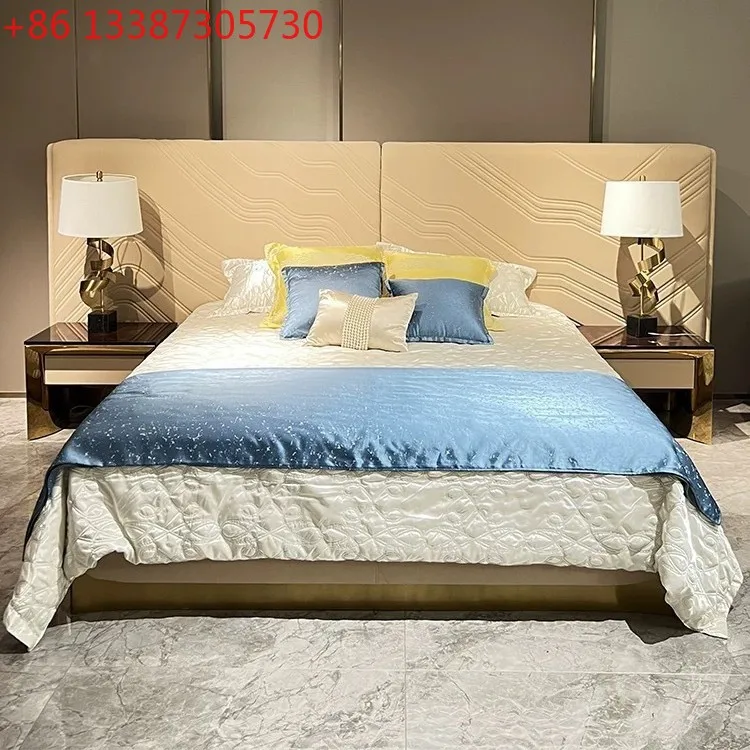 

Двуспальная кровать из итальянской кожи в стиле постмодерн, легкая роскошь, для виллы, с большим широким изголовьем, для главной спальни, свадебная кровать