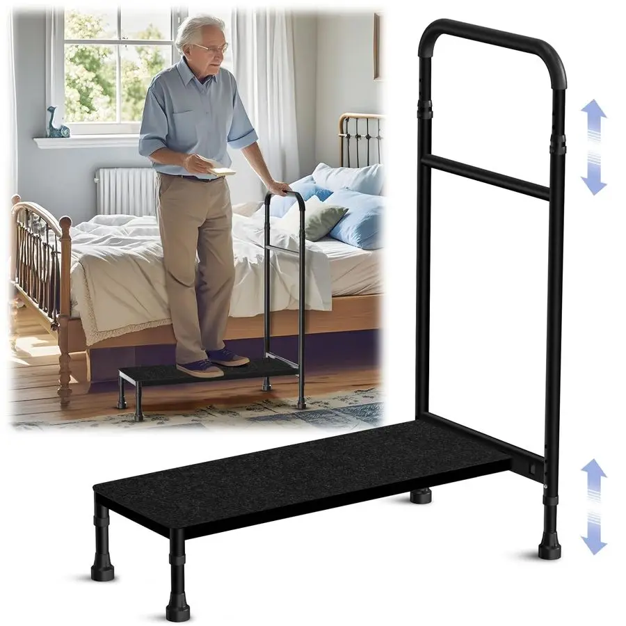 

Long Bedside Step Stool with Handle for Elderly Seniors Adults, Elderly Bed Step with Adjustable Height Handrails, Heavy Duty Be