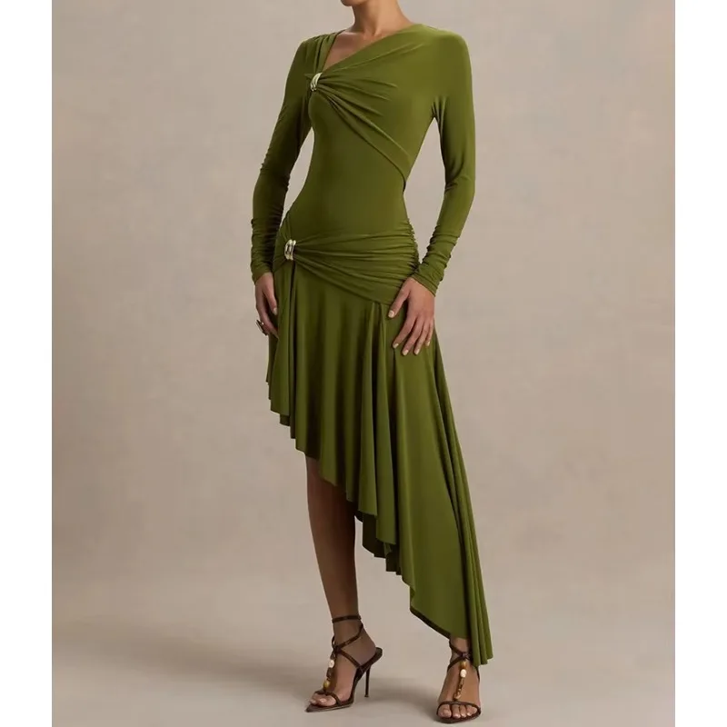 Irregular Long Sleeve Sexy Maxi Dress Women Gown Elegant Diagonal Collar Split Ruffle Ruched Club Party Long Dresses
