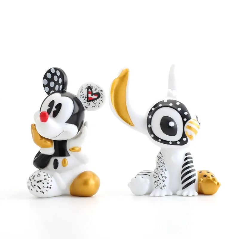 

New Disney Stitch Mickey Mouse Cute sitting posture Anime Figures Black Gold Figurine car desk Decoration kid Collection Toys