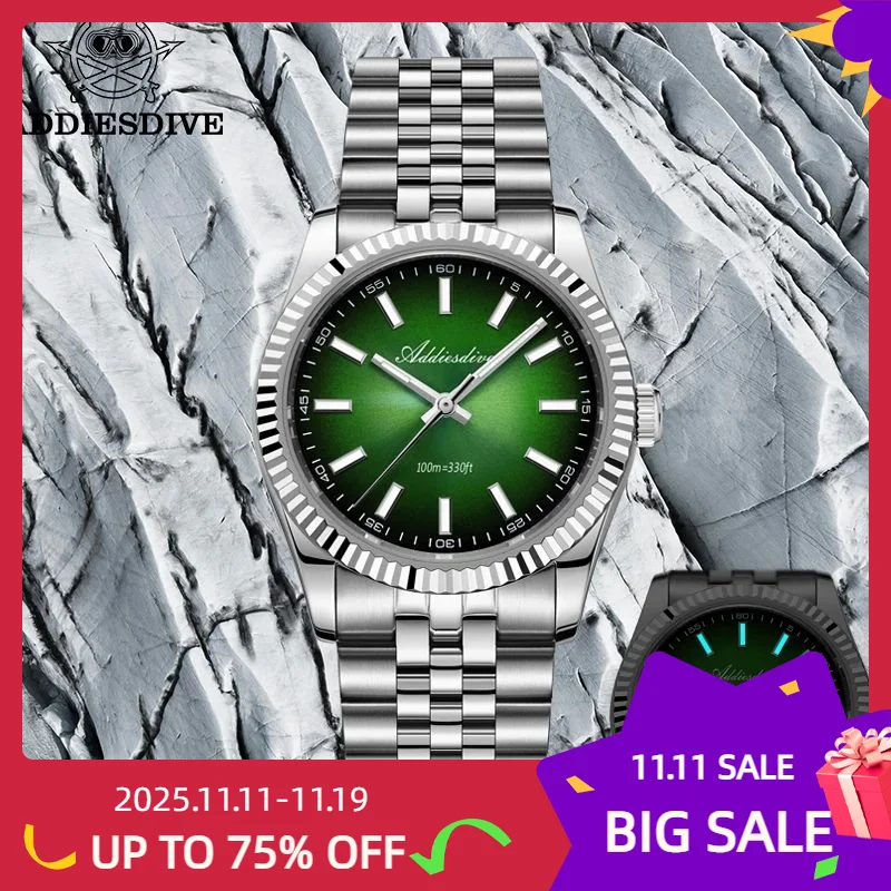 ADDIESDIVE NEW VH31 Quartz Watch For Men Super Luminous Stainless Steel Gradient Mens Watches Sapphire Glass AD2073 reloj hombre