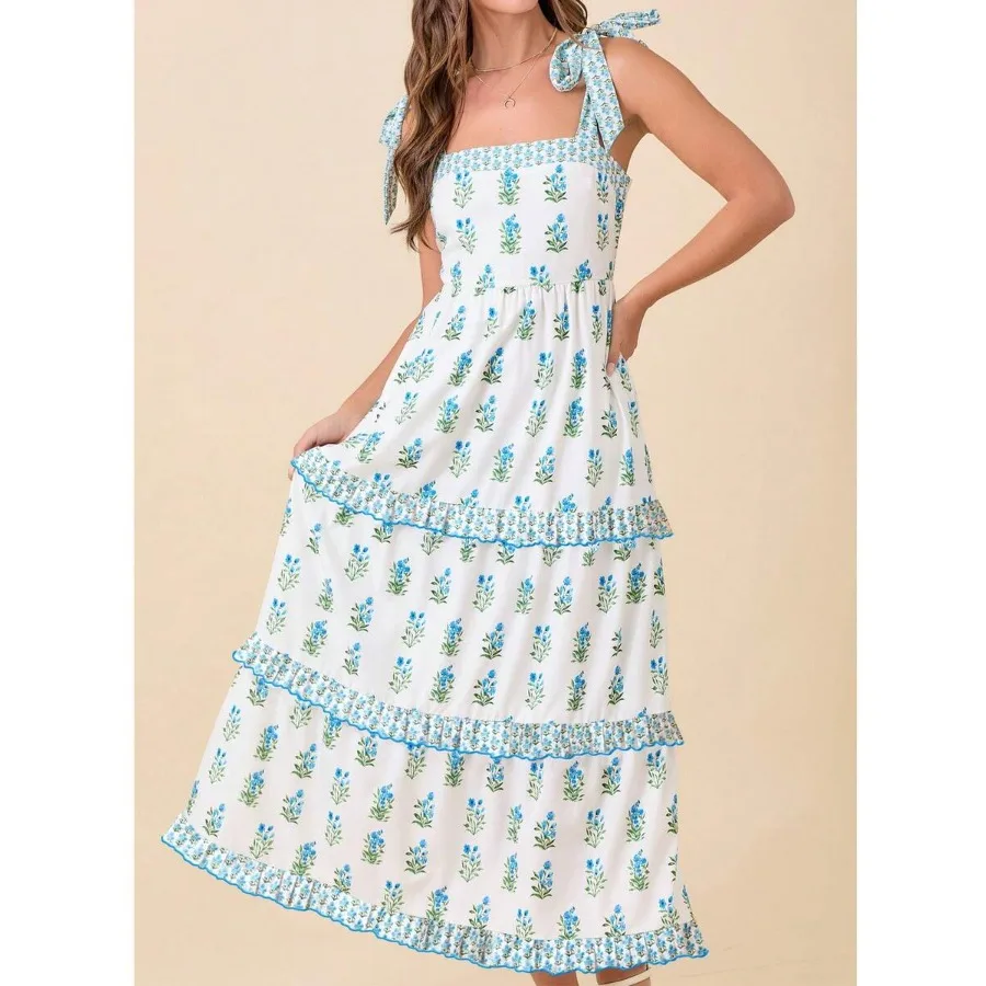 

Женское макси-платье с цветочным принтом и сборками, в богемном стиле, с завязками на плечах, струящееся пляжное платье, Y2K, милое, с пэчворком, длинное, с оборками, сарафан