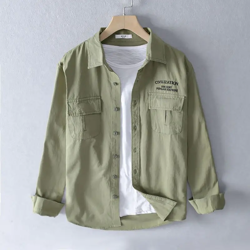 Elegancka moda Harajuku Slim Fit All Match Koszula Kwadratowy dekolt Kieszenie na guziki Długi rękaw Odzież wierzchnia Luźna Casualowa Odzież Męska