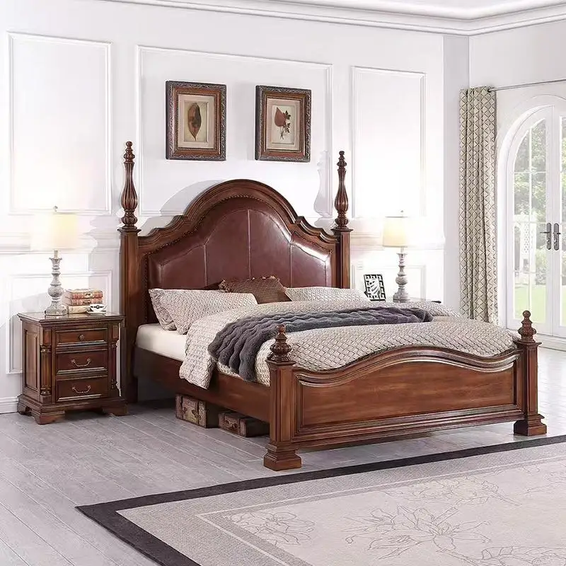 #American Style Rural Solid Wood 1.8m Master Bedroom Large Bed Retro High-end Soft Pack Double Villa Bedroom Furniture