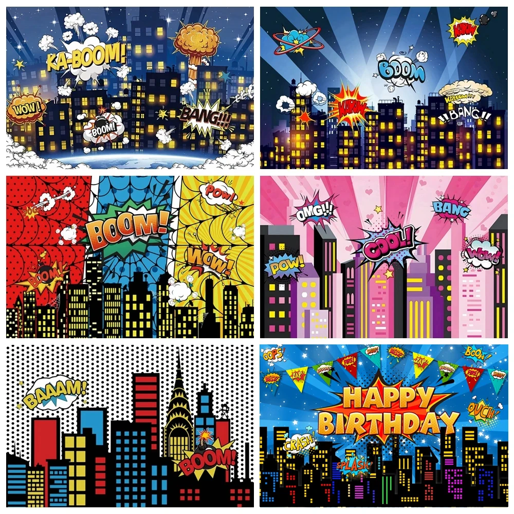 Superhero Comics Birthday Backdrop For Kids City Building Boom Super Hero Party Baby Shower Photo Background Photography Props