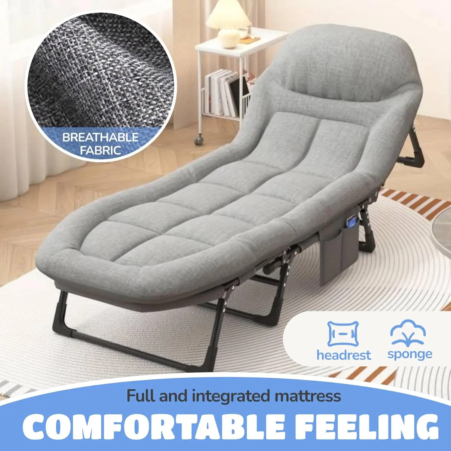 Berço dobrável, berço de acampamento ajustável de 6 ângulos com colchão para pátio e praia, cama dobrável portátil resistente lay flat recllini