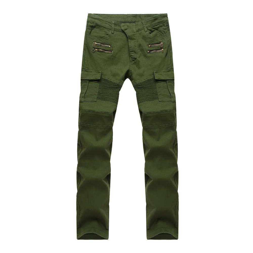 

Fashion 2022 Spring Autumn Cotton Casual Hig Street BIKER JEANS Stretch Multi Zipper Pleated Army Green Black Jeans Men