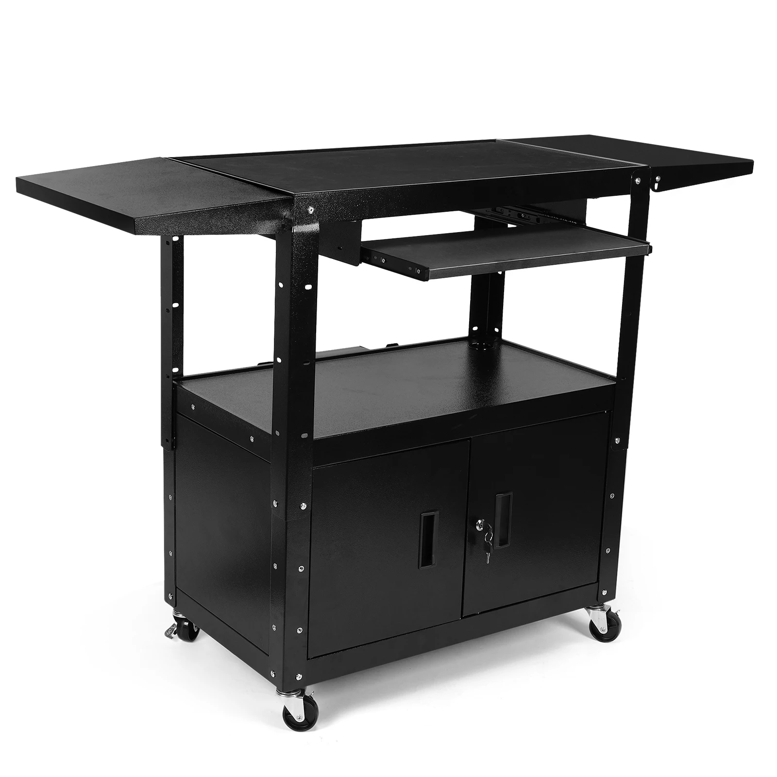 

Mobile AV Cart with Locking Cabinet Utility Cart with Pullout Keyboard Tray & Cord Management for Office Classroom Presentation