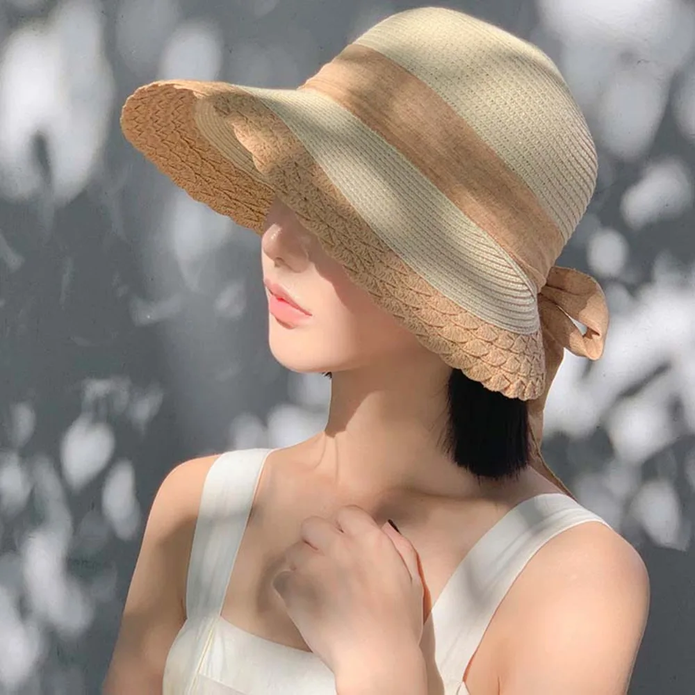 

Portable Straw Weaving Beach Hat Foldable Breathable Bow Fisherman Cap Lightweight Hollow Out Big Brimmed Woven Cap Seaside