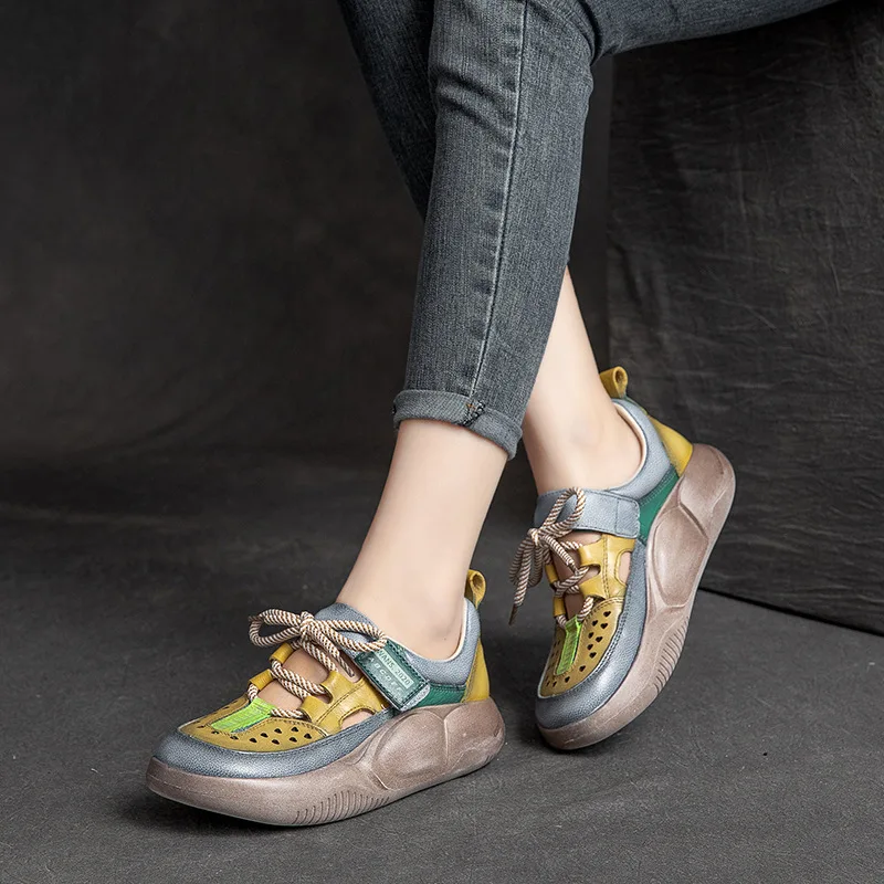 GKTINOO Hook & Loop Shoes Women Sneakers Genuine Leather Mixed Colors 2024 New Handmade Comfortable Retro Platform Sneakers
