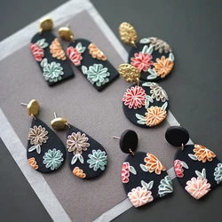 Black Dark Delicate Floral Pattern Vintage Ethnic Multi Sizes Solid Bright Daisy Polymer Clay Earrings Set Stud Party Daily Wear