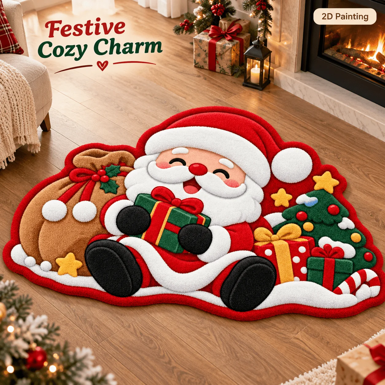 VIKAMA Vintage Santa Claus Holding Toy Sack Rug, Soft Flannel Non Slip Absorbent Washable Door Mat, Fluffy Quick Dry