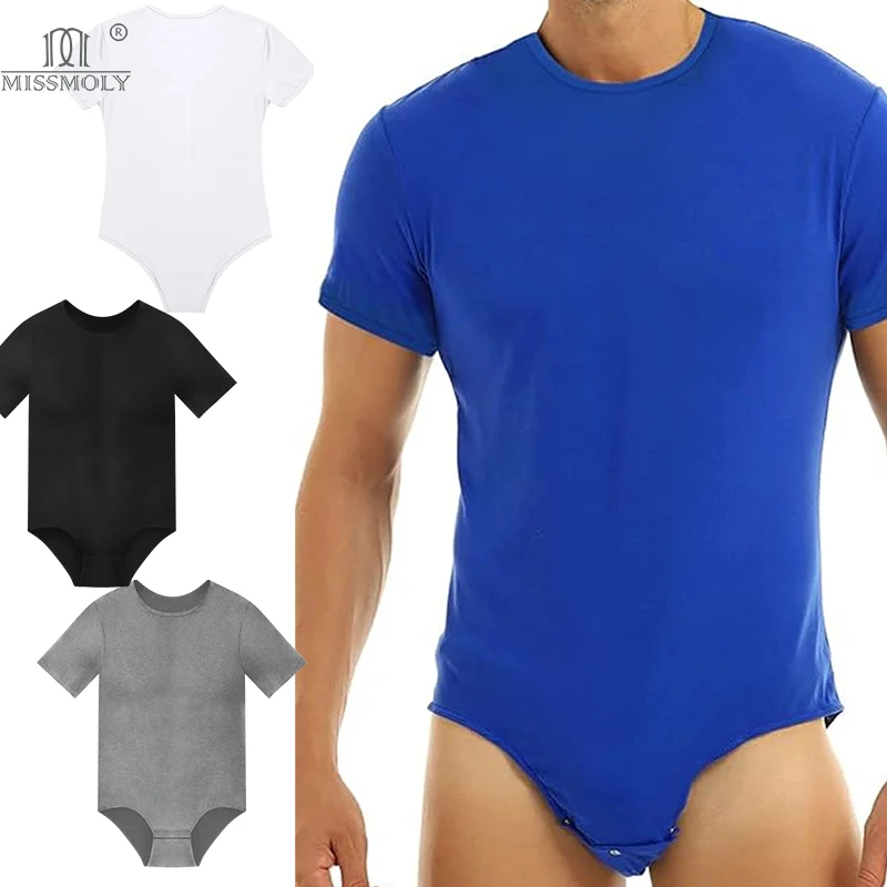 Mens Round Neck Bodysuit Short Sleeve Jumpsuit Press Crotch Underwear Adult Leotard for Shapewear Compression Romper Undershirt