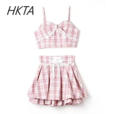 

Japanese New Mine Plaid Spaghetti-Strap Camisole Crop Top Short Skirt 2-Piece Set Lolita Sweet Cute Ruffles Pleated Skirt Women