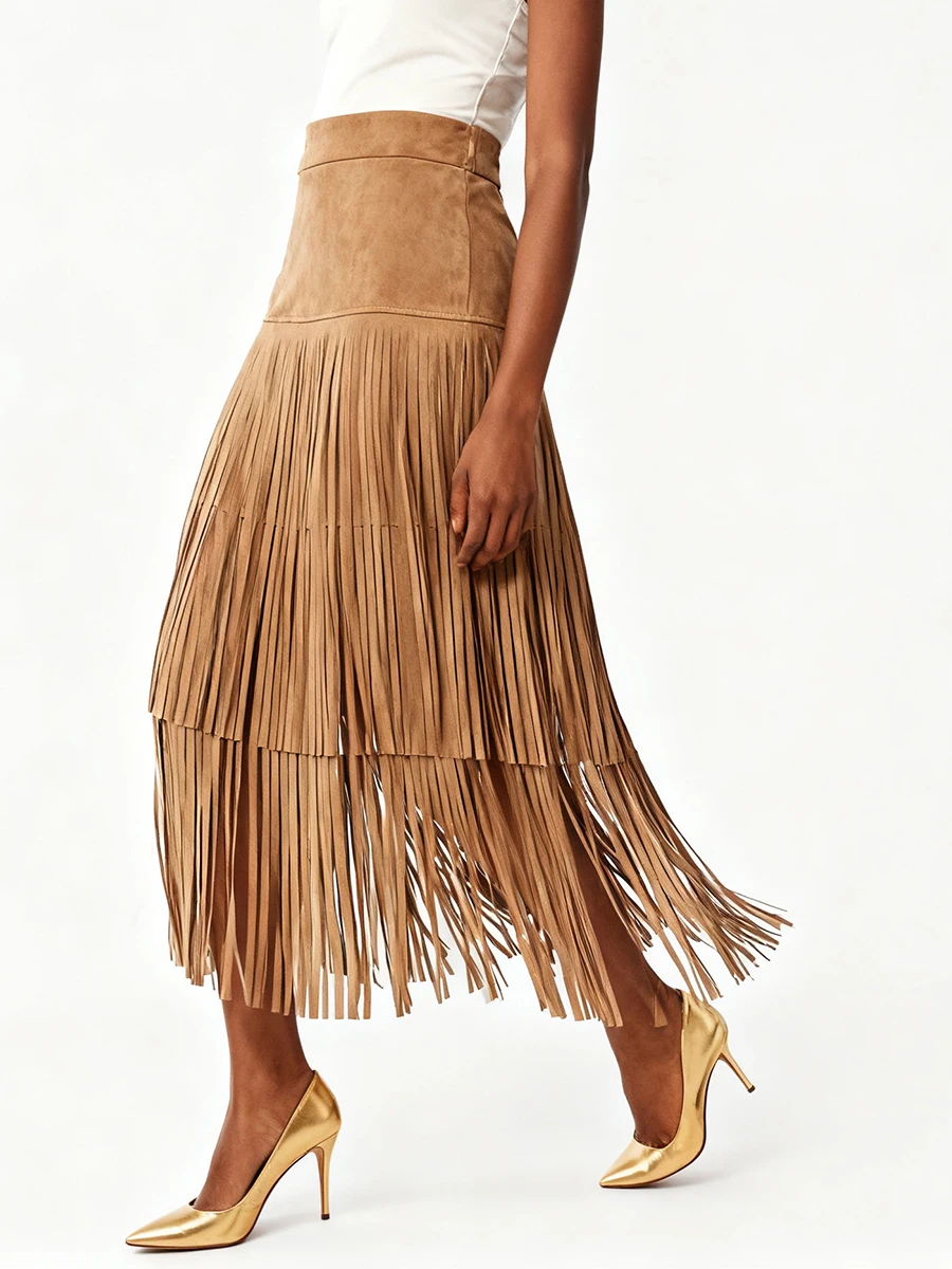 VGH Rok Panjang Gaya Denim Solid Chic dengan Rumbai untuk Wanita Pinggang Tinggi Musim Gugur Rok Pesta Temperamen Fashion Wanita Baru