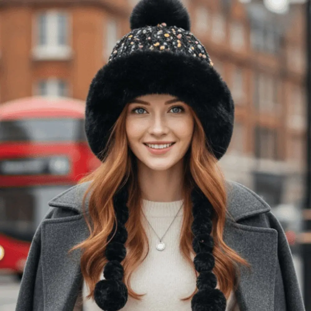 Fleece Lined Pompom Braids Hat Striped Knit Soft Yarn Fur Trim Trapper ElasticThick Fur Brim Fleece Knit Beanie Commute