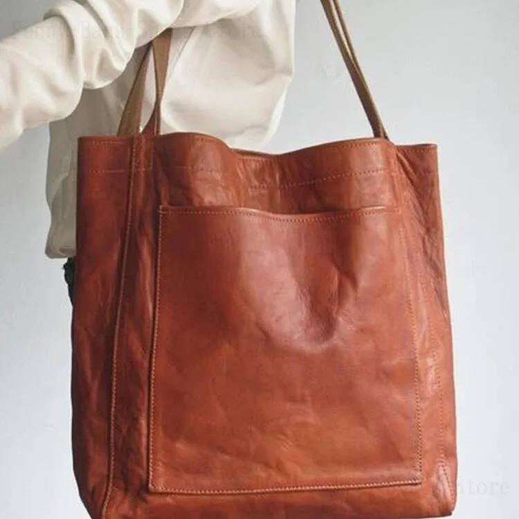 

2024 New Tote Bag With Pocket Women's Soft Leather Hand-Held Shoulder Vintage Oil-Waxed Leather Large Capacity Fashion Bag