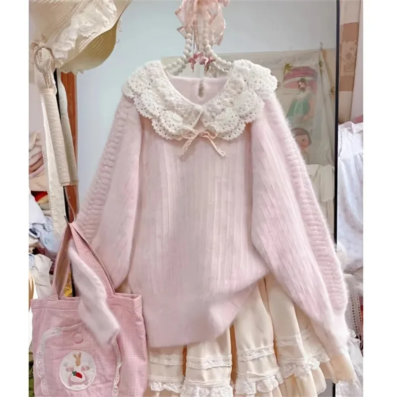 

Зимний вязаный японский милый кавайный свитер с воротником Питера Пэна, женский модный винтажный пуловер Y2k, женская милая корейская популярная одежда