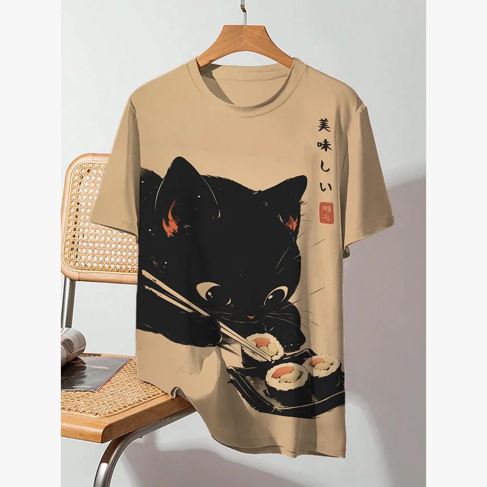 Summer Men\'s T-shirt Animal Cute Cat Print Crew Neck Short Sleeve Tee Street Trend Tops Oversized Male Clothing T Shirt For Men