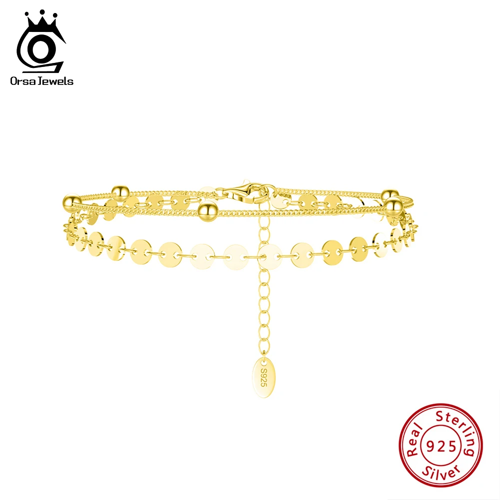 

ORSA JEWELS Genuine 925 Sterling Silver Double Layered Hand Bracelet with Sequin Beads Cable Chain Labster Clasp 14K Gold SB174