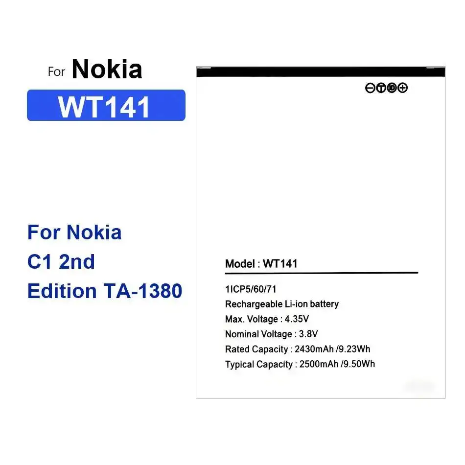 

WT141 Durable High Compatibility Mobile Phone Battery 2500Mah For Nokia C1 2Nd Edition TA-1380