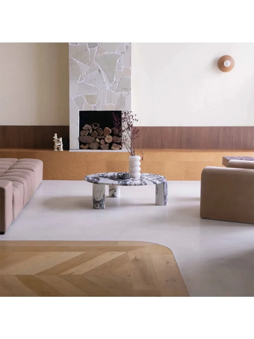 #Modern Luxury Calacatta Viola Coffee Table Round Marble Top Three Cylinder Legs Modern Living Room Center Table