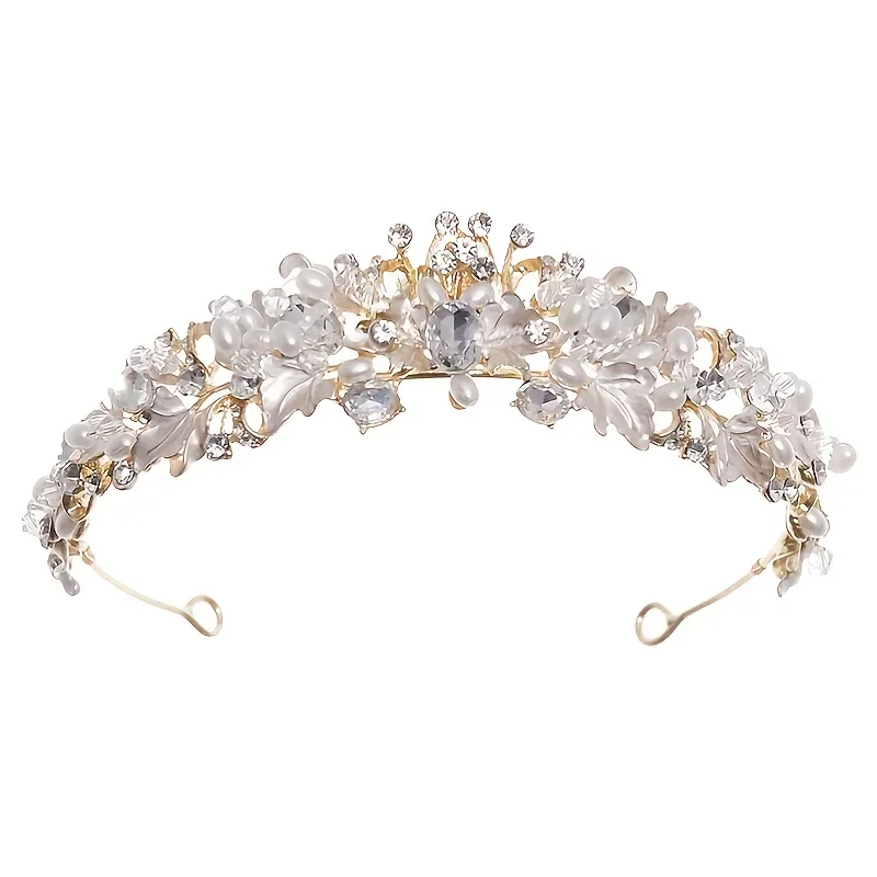 Silver Color Pearl Crystal Crown Headband Flower Rhinestone Gold Tiara Diadem Party Women Bride Wedding Hair Accessories Jewelry