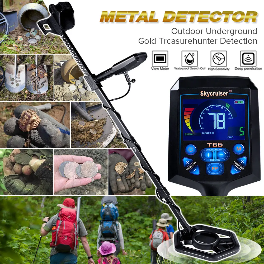 T66 Adjustable Professional Foldable Metal Detector Waterproof Folding Detector Lightweight & Collapsible For Easy Travel