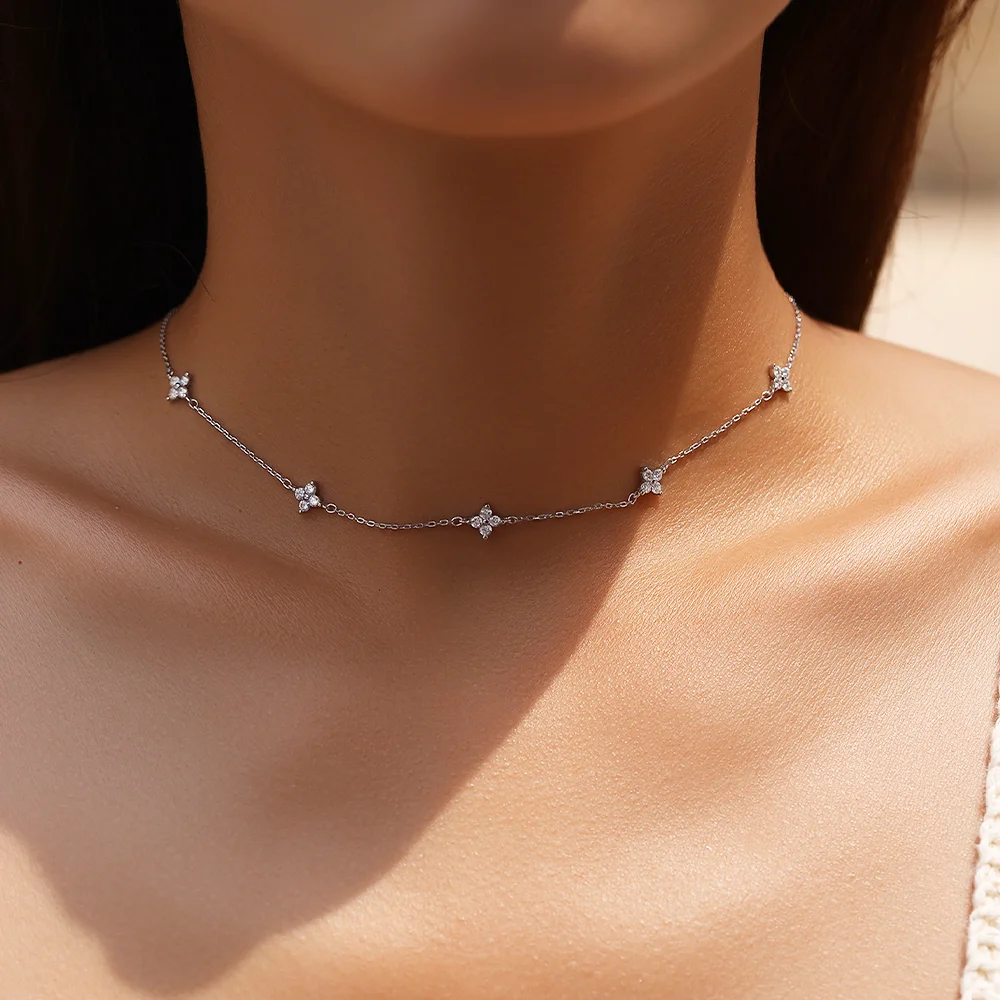 COSYA 2mm Full Moissanite Necklaces for Women 100% S925 Silver Lab Diamond Four-Leaf Clover Collar Chain Dainty Fine Jewelry