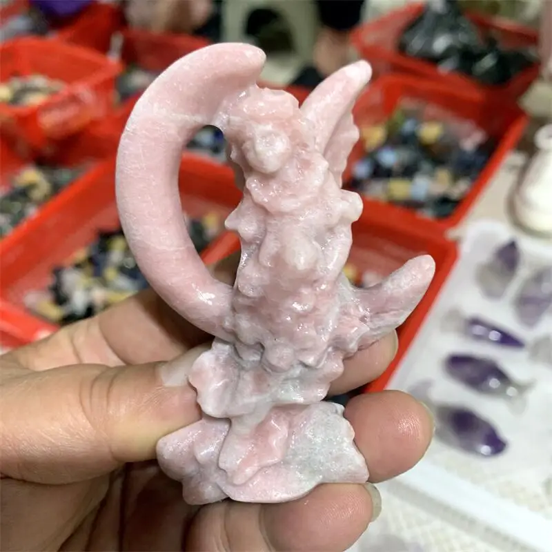 

Natural Pink Opal Moon Angel Fairy Carving Crafts Polished Healing Figurine Home Ornament DIY Gift 1PCS
