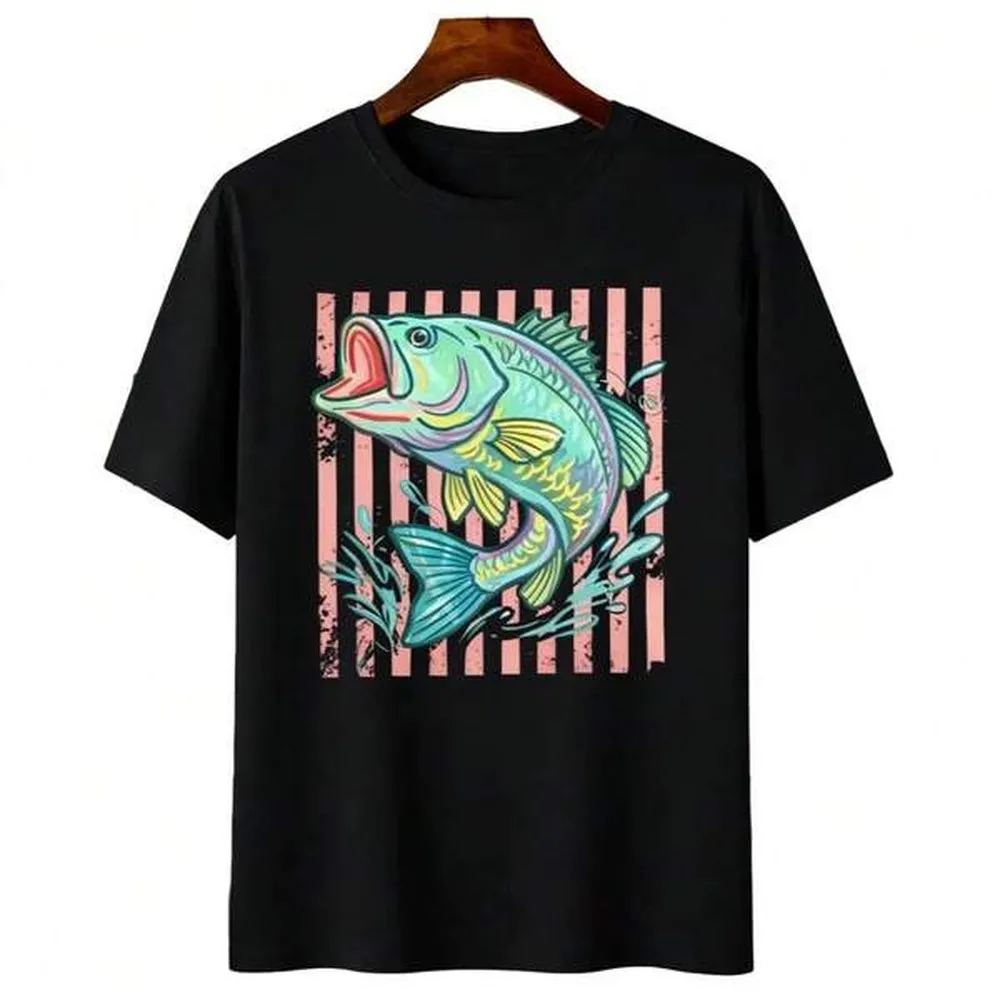 Essential Basic,Bass Fish Beach Graphic T-Shirt, Retro Preppy Striped Fishing Tee, Summer Coastal Aesthetic Oversized Casual Top, Beach Vacation Outfi