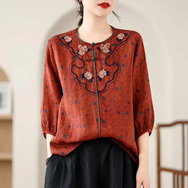 Women Casual Blouses Shirts New Arrival 2024 Summer Vintage Style O-neck Floral Embroidery Loose Female Tops Shirts B3695